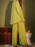 Momentlover Drawstring Pleated Flared Sleeves Long Sleeves Buttoned Solid Color Split-Side Lapel Shirts Top + Pants Bottom Pajama Sets