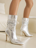 Momentlover Split-Joint Solid Color Snakeskin Printed Pleated Pumps Boots