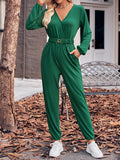 Momentlover Elasticity Belted Long Sleeves V-neck Jumpsuits