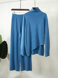 Momentlover Casual Solid Color Irregularity High-Neck Sweater& Wide Leg Pants Suits