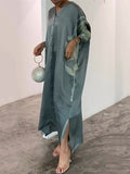 Momentlover Long Sleeves Buttoned Contrast Color Flower&Leaves Print Muslim V-Neck Maxi Dress