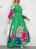 Momentlover Off-The-Shoulder A-Line Elasticity Flower Print Pleated Shirts Top + High Waisted Skirts Bottom Two Pieces Set