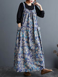 Momentlover Artistic Retro Ramie Cotton Loose 3 Colors Floral Printed Square-Neck Sleeveless Strap Dress