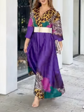 Momentlover Long Sleeves Loose Leopard V-Neck Maxi Dresses