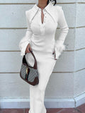 Momentlover Split-Joint Slightly Sheer Feathers Skinny Lapel Maxi Dresses