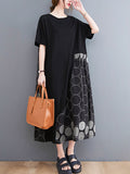 Momentlover Casual Printed Polka-Dot Split-Joint  Asymmetric Round-Neck Plus Size Midi Dress