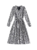 Momentlover Tied Waist Flower Print Elasticity Plus Size Loose V-neck Midi Dresses