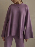 Momentlover Casual Long Sleeves Loose Solid Color Round-Neck Sweater Tops & Wide Leg Pants Two Pieces Set
