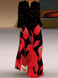 Momentlover Split-Joint Printed Contrast Color Plus Size Loose V-Neck Maxi Dresses