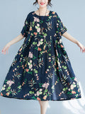 Momentlover Flower Print Short Sleeves Loose Round-Neck Midi Dresses