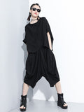 Momentlover Loose Solid Color Round-Neck Short Sleeves  Tops+ Elasticity Pleated Cropped Pants Two Pieces Set