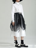 Momentlover Split-Joint Gauze Belted Long Sleeves Stand Collar Shirt Dress Midi Dresses