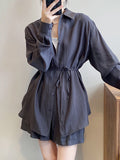 Momentlover Loose Solid Color Long Sleeves Blouse + Pleated Shorts Two Pieces Set