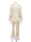 Momentlover Split-Joint Long Sleeves Buttoned Feathers Notched Collar Shirts Top + Pants Bottom Pajama Sets