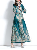 Momentlover Tied Waist See-Through Printed Puff Sleeves A-line Stand Collar Maxi Dresses
