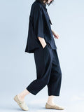 Momentlover Two-Pieces Black Loose Shirt And Ninth Pants Suit