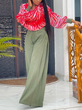 Momentlover Long Sleeves Heaps Collar Printed Shirts Top + High Waisted Pants Bottom Two Pieces Set