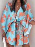 Momentlover Original Loose Floral Printed Contrast Color Tied Mini Shirt Dress