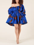 Momentlover Tied Waist Printed Elasticity Three-Quarter Sleeves Puff Sleeves One-Shoulder Mini Dresses