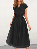 Momentlover Solid Color Short Sleeves Loose V-Neck Midi Dresses