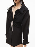 Momentlover Solid Color Long Sleeves High Waisted Lapel Shirt Dress Mini Dresses