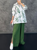 Momentlover Lapel Printed High-Low Buttoned Blouse+ Elasticity High Waisted Split-Side Pants Bottom Two Pieces Set
