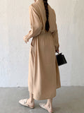 Momentlover Casual A-Line Long Sleeves Bandage Solid Color Lapel Collar Shirt Midi Dresses
