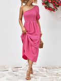 Momentlover Solid Color Puff Sleeves Loose One-Shoulder Midi Dresses