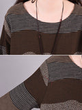 Momentlover Artistic Retro Loose Ramie Cotton Striped Multi-Colored Round-Neck Long Sleeves Midi Dress