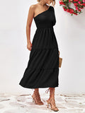 Momentlover Solid Color Puff Sleeves Loose One-Shoulder Midi Dresses