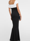 Momentlover Split-Joint Contrast Color Skinny Short Sleeves One-Shoulder Maxi Dresses Evening Dresses