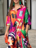 Momentlover Half Sleeves Loose Figure Printed Lapel Collar Maxi Dresses
