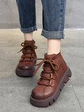 Momentlover Vintage Cow Leather Wool Boots Platform Shoes