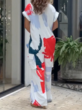 Momentlover Printed Wide Leg Loose Lapel Collar Jumpsuits
