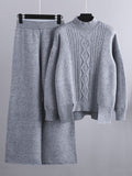 Momentlover Urban Loose Split-Side Half Turtleneck Sweater Tops& Wide Leg Pants Two Pieces Set