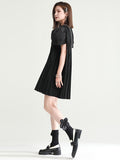Momentlover Urban Puff Sleeves Split-Joint Black Pleated Mini Dress