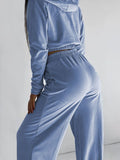 Momentlover Elasticity Solid Color Long Sleeves Hooded Zipper V-neck Outerwear Top + High Waisted Pants Bottom Two Pieces Set