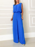 Momentlover Solid Color Hollow Backless Wide Leg High-Low Round-Neck Jumpsuits Bottoms