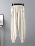 Momentlover Casual Loose Harem Pants Solid Color V-Neck Sweater Tops Pants Two Pieces Set
