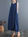 Momentlover Simple Denim Blue Round-Neck Buttoned Sleeveless Midi Dress