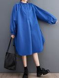 Momentlover Loose Puff Sleeves Solid Color Stand Collar Midi Dresses