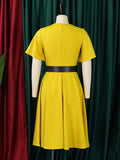 Momentlover Solid Color Belted Puff Sleeves Plus Size Round-neck Midi Dresses