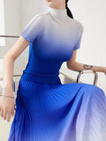 Momentlover Gradient Pleated Short Sleeves High-Neck T-shirt + Skirt Bottom Two Pieces Set