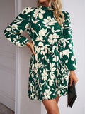 Momentlover Tied Waist Pleated Flower Print Loose Long Sleeves Mock Neck Mini Dresses
