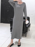 Momentlover Simple Modal Solid Color Round-Neck Long Sleeves Midi Dress