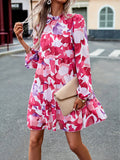 Momentlover Tied Split-Joint Printed Puff Sleeves Loose Mock Neck Mini Dresses