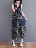 Momentlover Denim Floral Printed Oversize Overalls