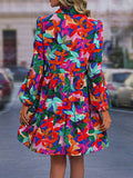 Momentlover Split-Joint Printed Pleated Floral Printed Puff Sleeves Loose Lapel Mini Dresses
