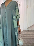 Momentlover Long Sleeves Buttoned Contrast Color Flower&Leaves Print Muslim V-Neck Maxi Dress