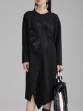 Momentlover Three-Dimensional Flower Asymmetric Loose Long Sleeves Round-Neck Midi Dresses